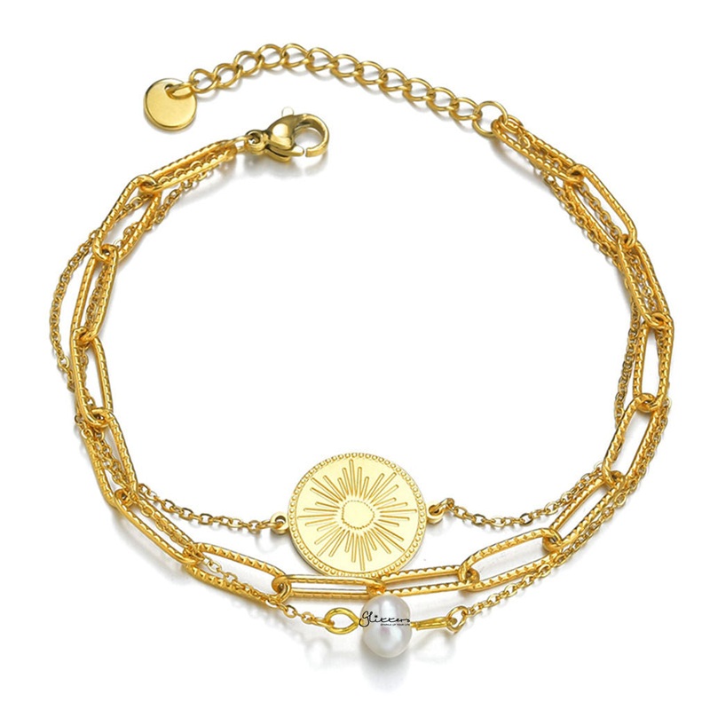 Stainless Steel Triple-Layered Bracelet with Round Disc & Pearl Charms – Gold
