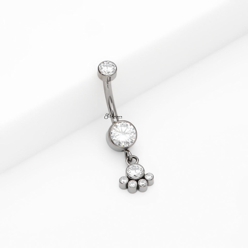 Titanium Double CZ With Dangle CZ Cluster Belly Button Ring
