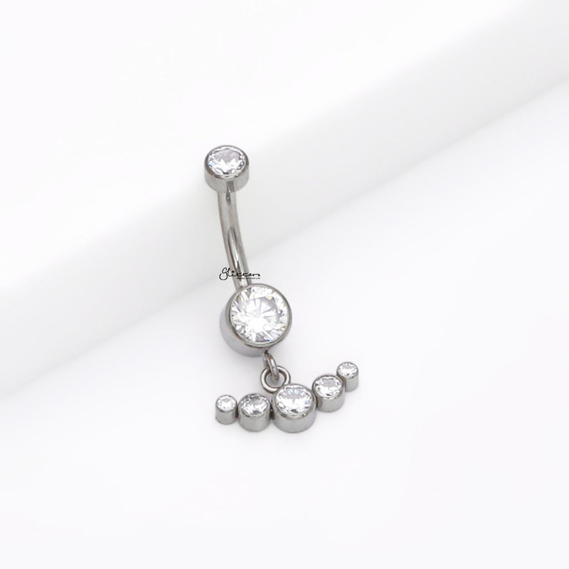 Titanium Double CZ With Dangle CZ Curved Line Belly Button Ring