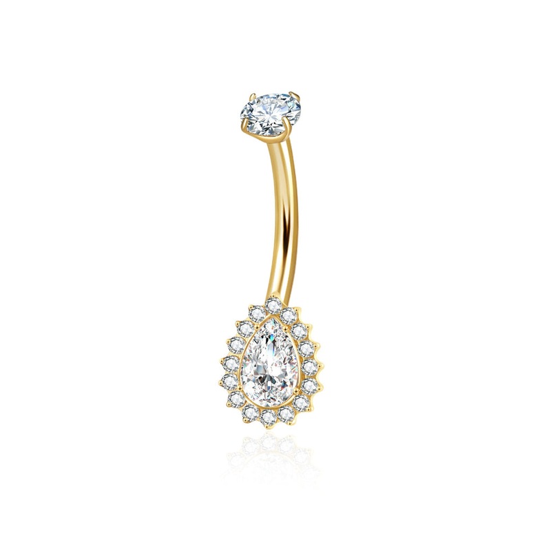 Titanium Teardrop CZ Belly Button Ring with CZ Pave Edge – Gold