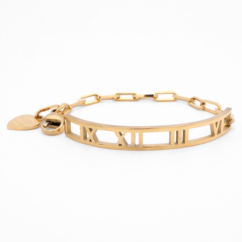 Stainless Steel Roman Numerals Bracelet with Heart Charm – Gold