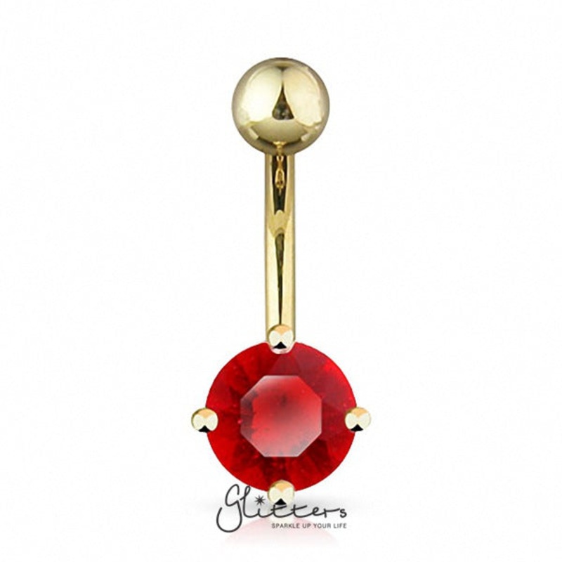18K Gold Ion Plated Red Round CZ Prong Set Belly Button Ring