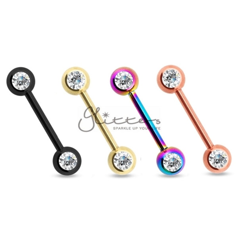 316L Surgical Steel Double CZ Titanium IP Nipple Barbells Black 12mm