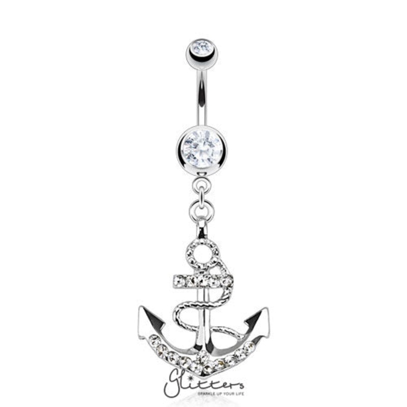 316L Surgical Steel Gemmed Anchor Dangle Navel Ring-Clear