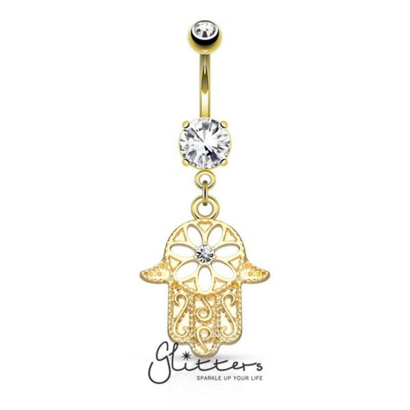 Beaded Outline Hamsa with Center C.Z Dangle Navel Ring-Gold