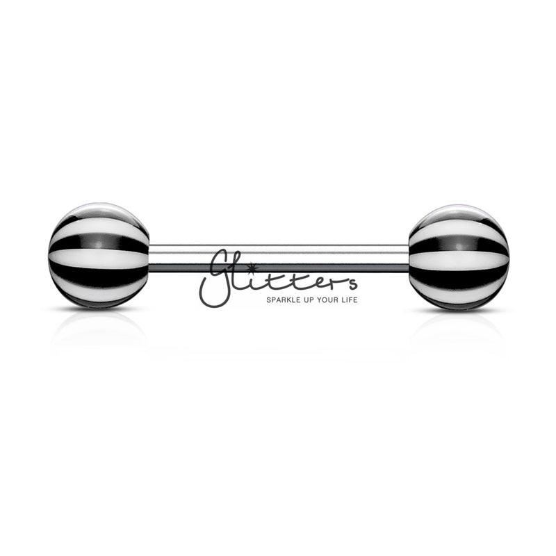 Black Candy Stripe Acrylic Ball with Surgical Steel Tongue Bar