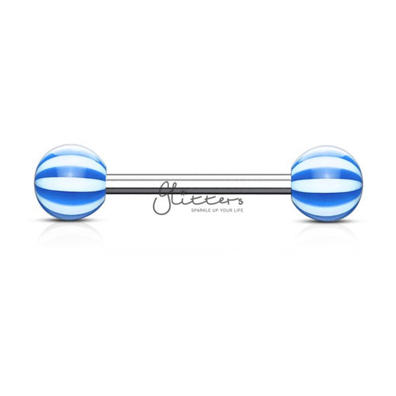 Blue Candy Stripe Acrylic Ball with Surgical Steel Tongue Bar