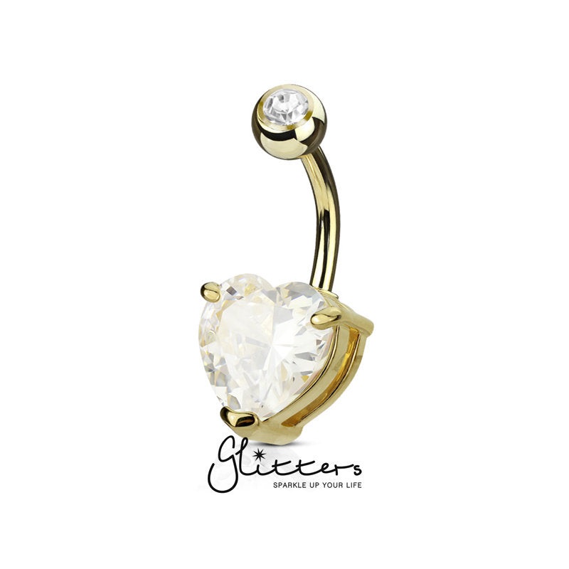 Double Gemmed Solitaire Heart CZ Prong Set Belly Button Ring – Gold Small (7mm CZ)