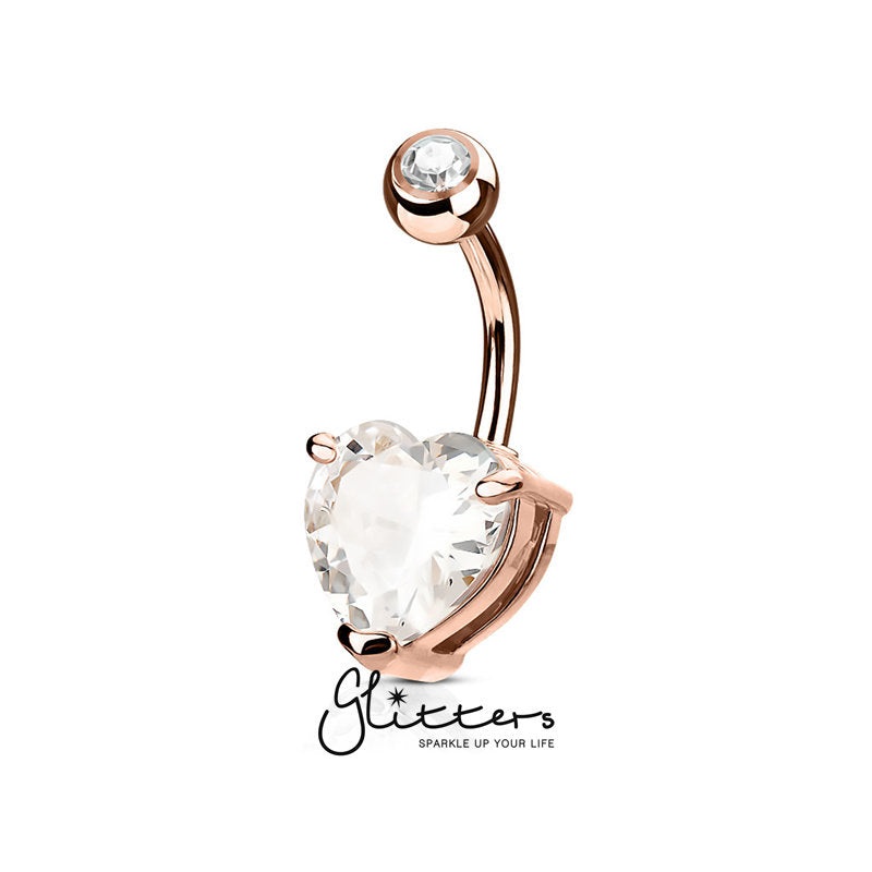 Double Gemmed Solitaire Heart CZ Prong Set Belly Button Ring – Rose Gold Small (7mm CZ)
