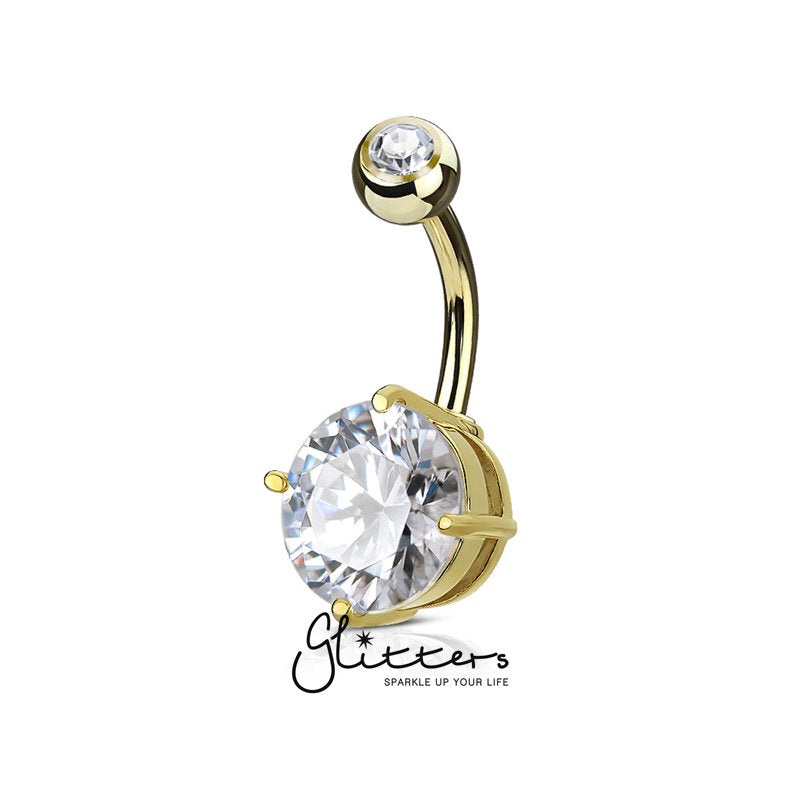 Double Gemmed Solitaire Round CZ Prong Set Belly Button Ring – Gold Small (7mm CZ)
