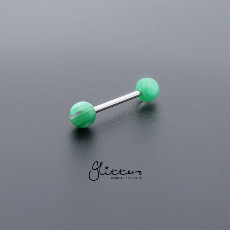 Green Stripe Acrylic Ball with Surgical Steel Tongue Bar