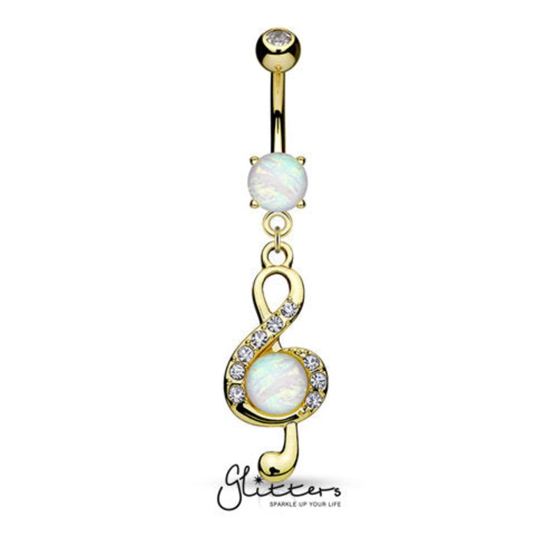 Opal Glitter Center Crystal Paved Treble Clef Dangle Belly Button Navel Ring – Gold