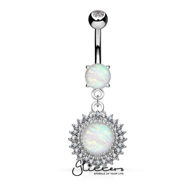 Opal Glitter Set Crystal Paved Round Shield Dangle Belly Button Navel Rings
