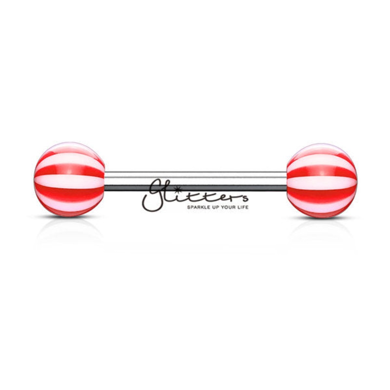 Red Candy Stripe Acrylic Ball with Surgical Steel Tongue Bar