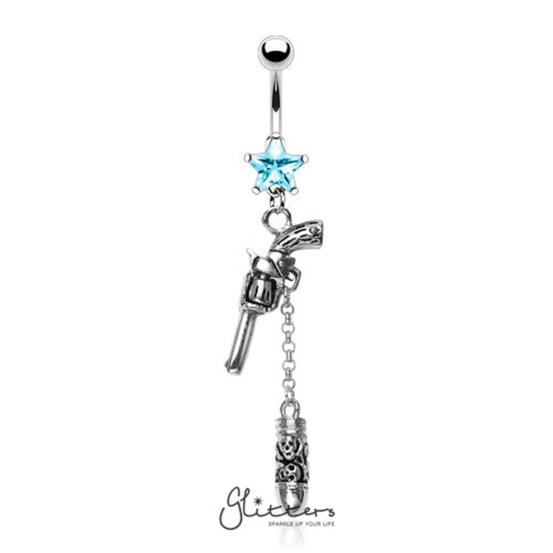 Surgical Steel Cubic Zirconia Star with Gun & Bullet Dangle Belly Ring-Aqua
