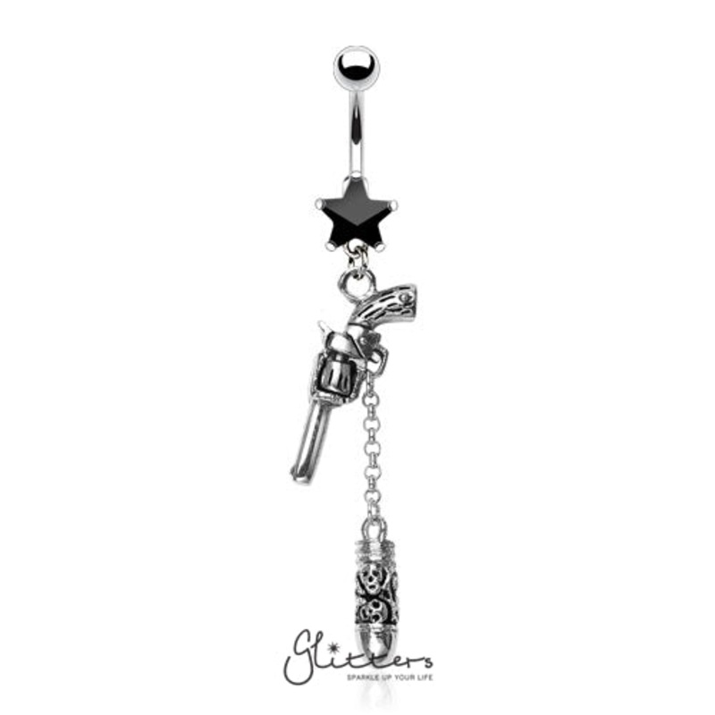 Surgical Steel Cubic Zirconia Star with Gun & Bullet Dangle Belly Ring-Black