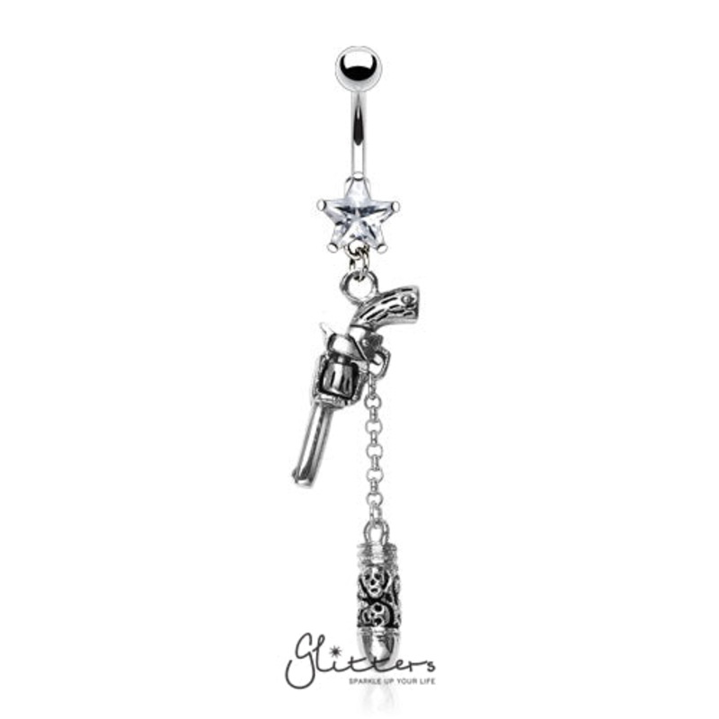 Surgical Steel Cubic Zirconia Star with Gun & Bullet Dangle Belly Ring-Clear