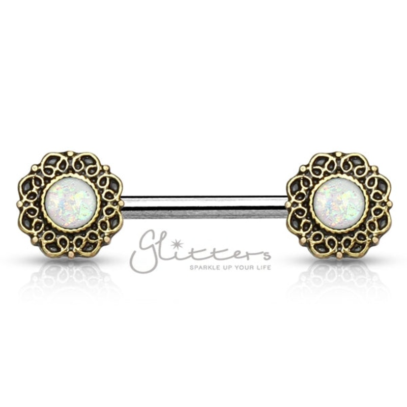 Surgical Steel Opal Glitter Centered Tribal Heart Filigree Ends Nipple Barbells White
