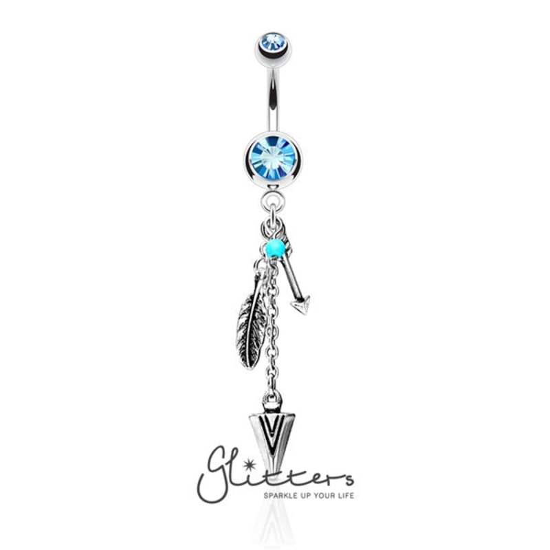Turquoise and Triabal Feather and Arrows Dangle Double Gem Surgical Steel Belly Ring