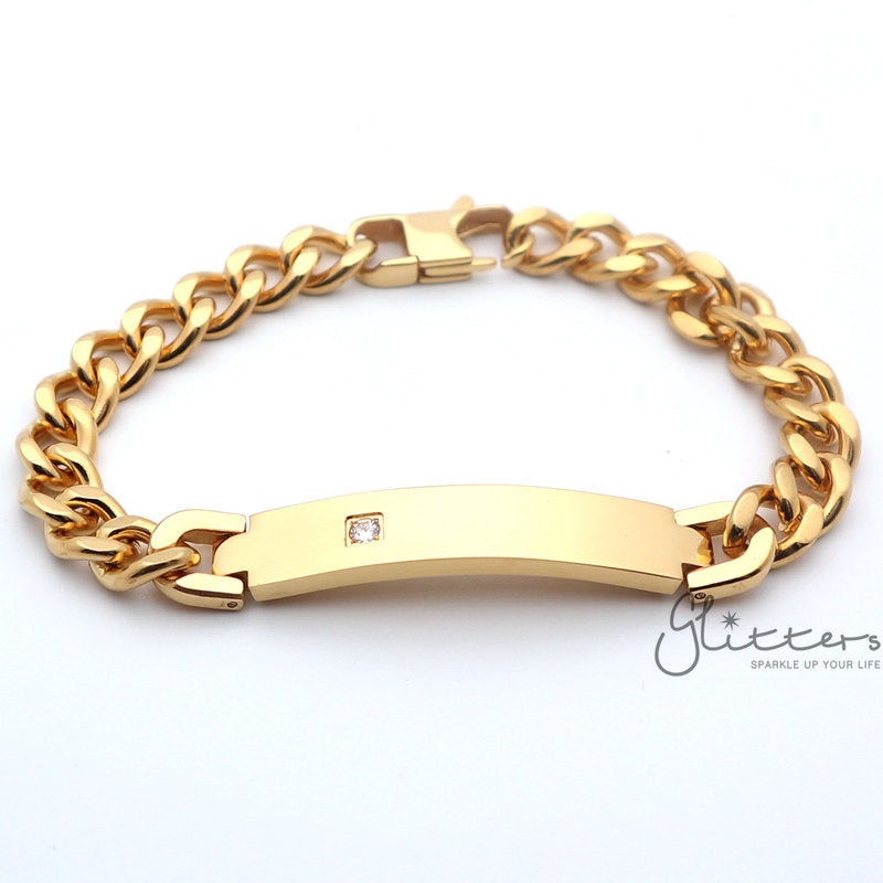 18K Gold Plated Stainless Steel Men’s ID Bracelet with A Cubic Zirconia Stone + Engraving Small Frontside