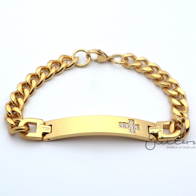 18K Gold Plated Stainless Steel Men’s ID Bracelet with Cubic Zirconia Cross+Engraving Small Frontside