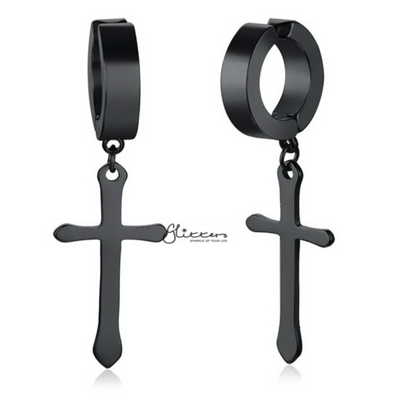 Non-Pierced Stainless Steel Clip On Cross Dangle Hoop Earrings – Black