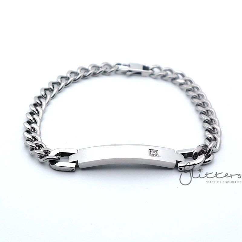 Stainless Steel Men’s ID Bracelet with A Cubic Zirconia Stone + Engraving Small Frontside