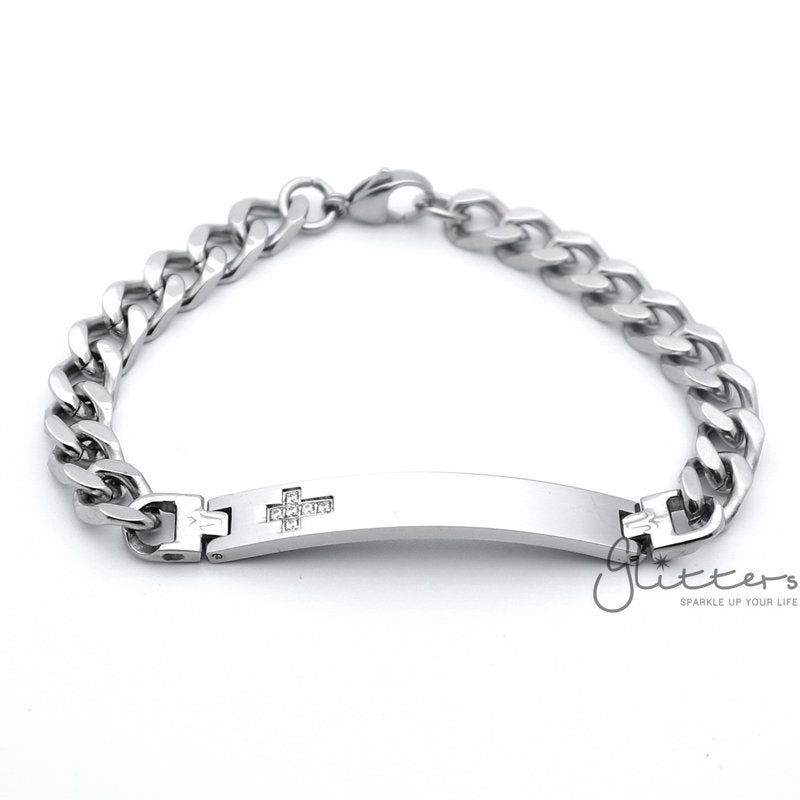 Stainless Steel Men’s ID Bracelet with Cubic Zirconia Cross Small Bracelet