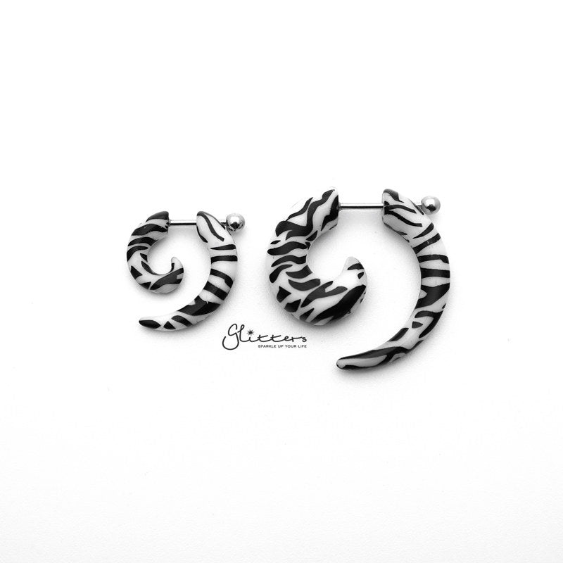 Zebra Acrylic Fake Spiral Ear Taper with Surgical Steel Bar Small