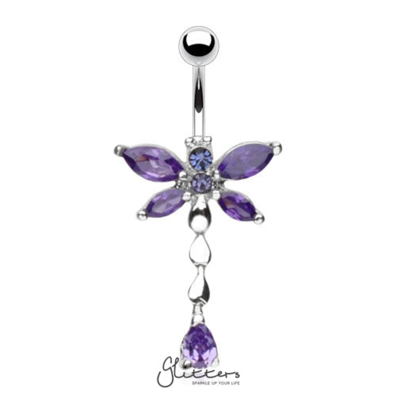 316L Surgical Steel Cubic Zirconia Dragonfly Dangle Belly Ring-Tanzanite