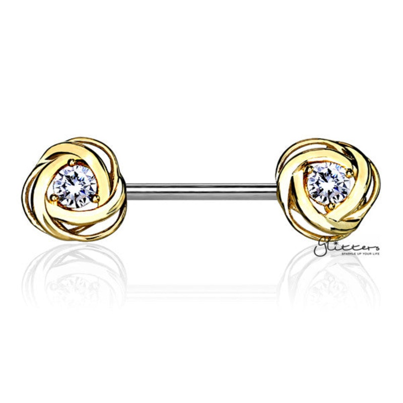 316L Surgical Steel Nipple Barbell Rings with CZ Centered Rose Blossom – Gold