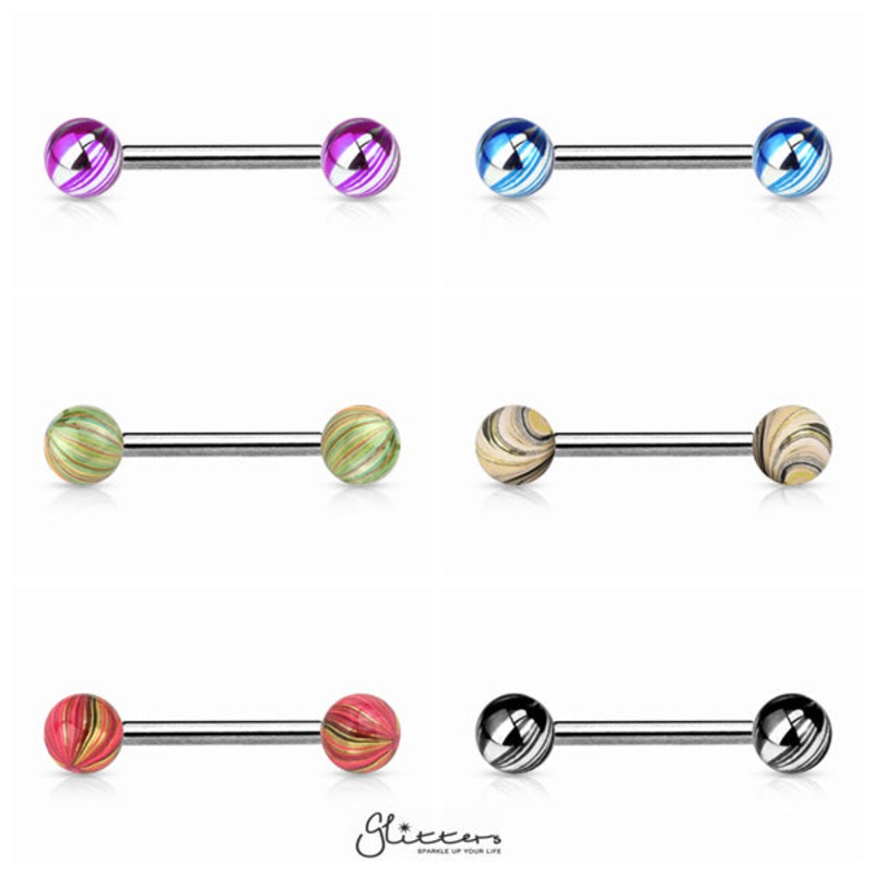 316L Surgical Steel Tongue Barbells with Multi Colour Plated Balls Purple