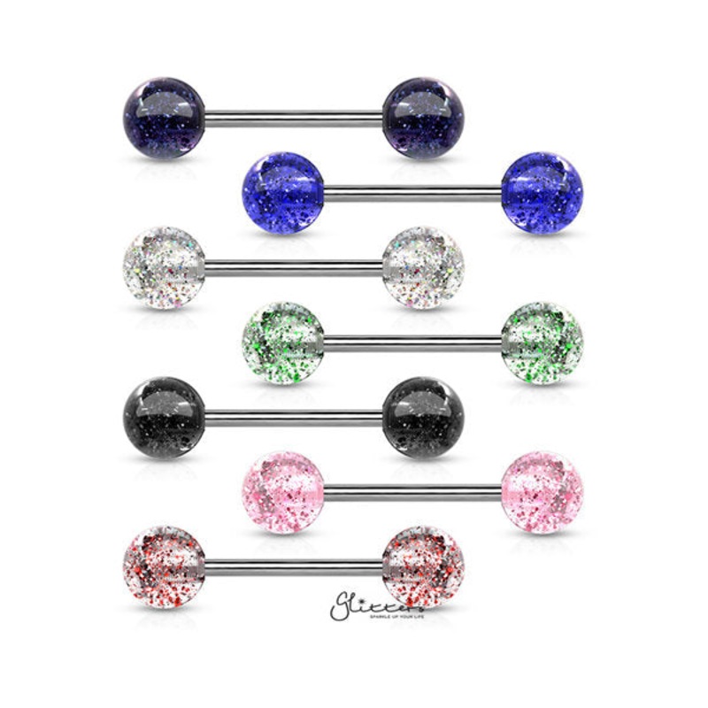Acrylic Color Ultra Glitters Ball with 14GA Surgical Steel Tongue Bar Clear