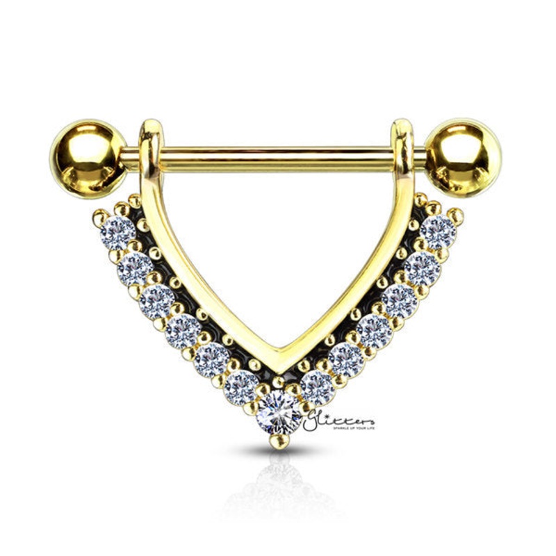 CZ Paved Black Enamel Dangle Surgical Steel Nipple Rings – Gold