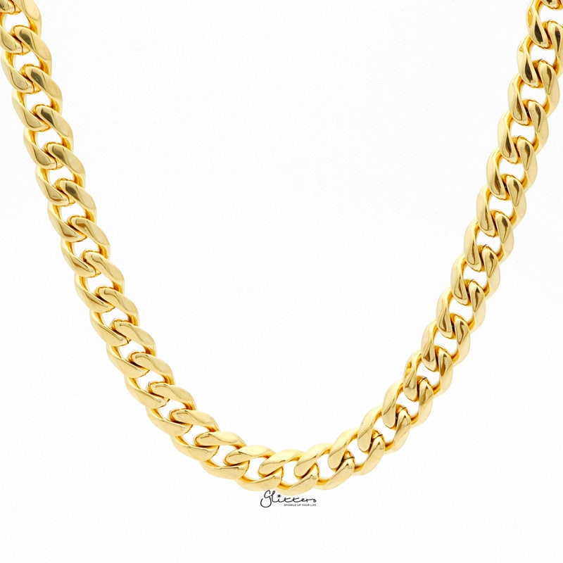 Gold I.P Stainless Steel Beveled Cuban Chain Necklace – 11mm width