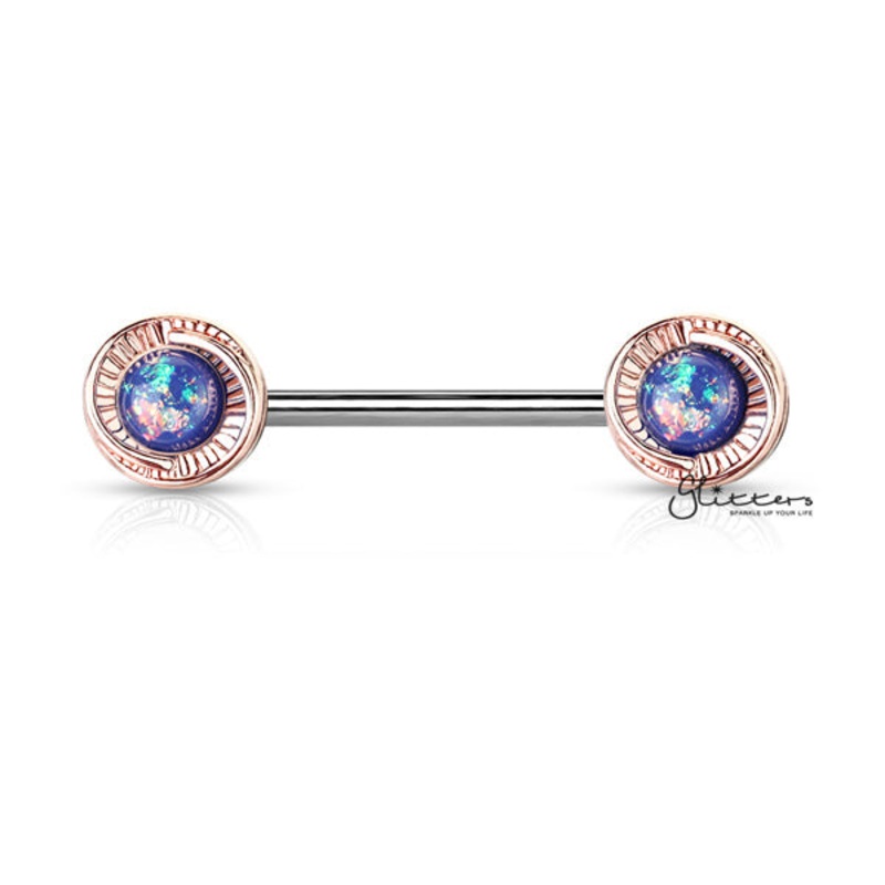 Rose Gold Plated Round Flower with Opal Glitter Centered Barbell Nipple Rings – Blue