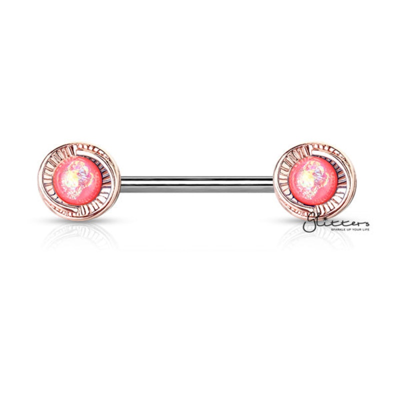 Rose Gold Plated Round Flower with Opal Glitter Centered Barbell Nipple Rings – Pink