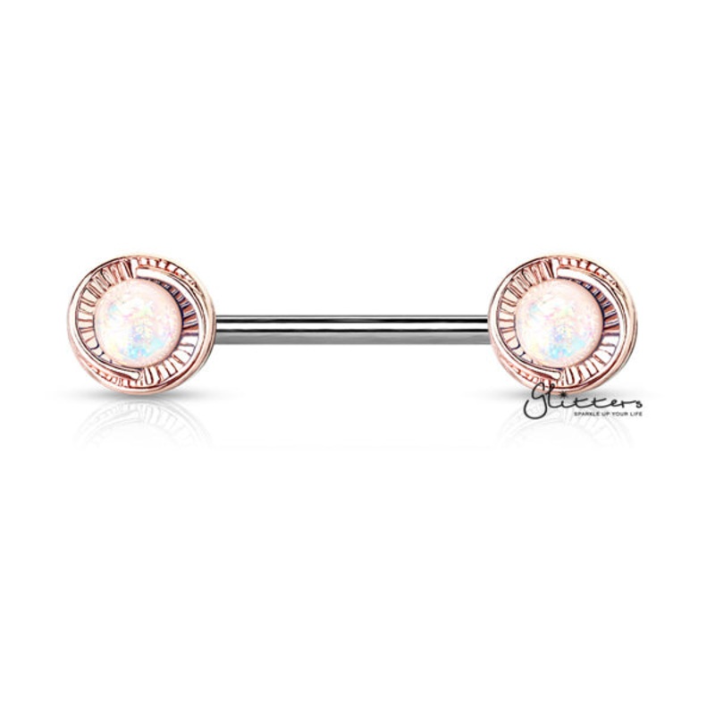 Rose Gold Plated Round Flower with Opal Glitter Centered Barbell Nipple Rings – White