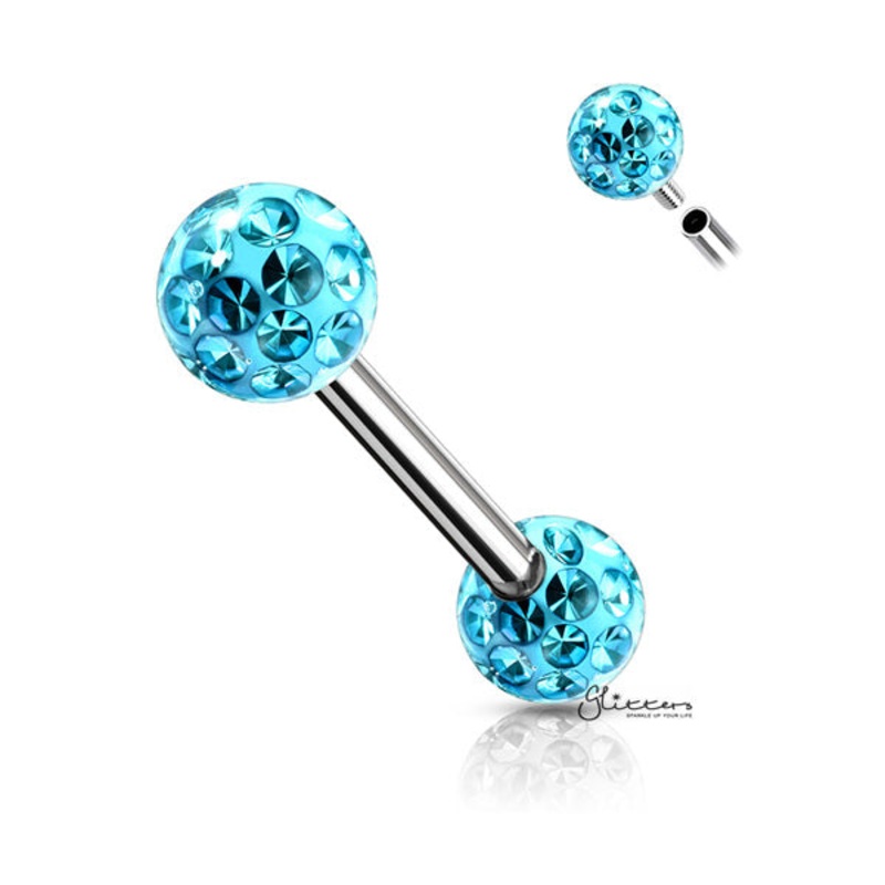 Surgical Steel Nipple Barbell with Epoxy Covered Crystal Paved Balls – Aqua