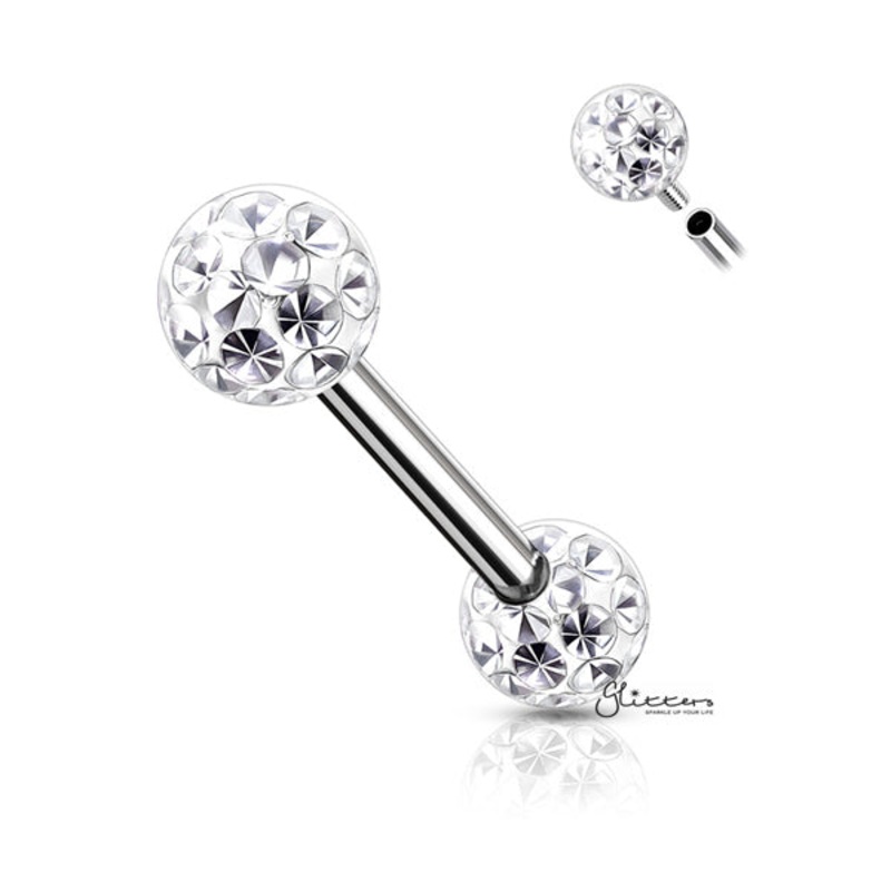 Surgical Steel Nipple Barbell with Epoxy Covered Crystal Paved Balls – Clear