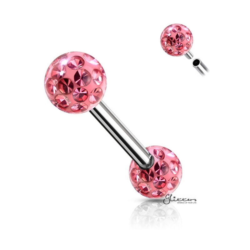 Surgical Steel Nipple Barbell with Epoxy Covered Crystal Paved Balls – Pink