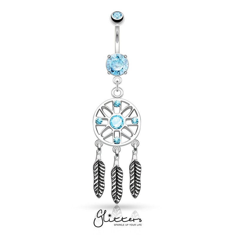 Three Feather Drops Dream Catcher Dangle Belly Button Rings – Aqua