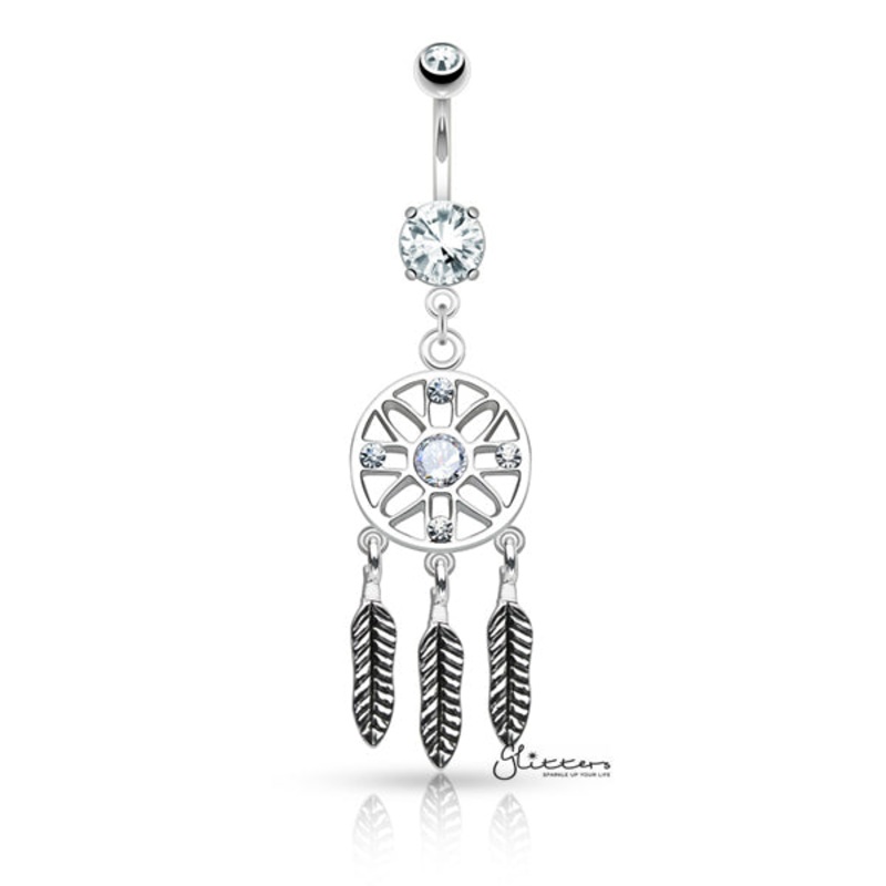 Three Feather Drops Dream Catcher Dangle Belly Button Rings – Clear