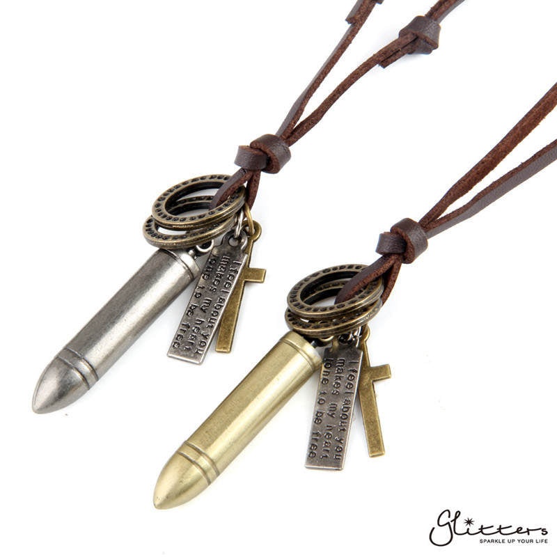 Bullet Pendant with Long Leather String Chain Gold
