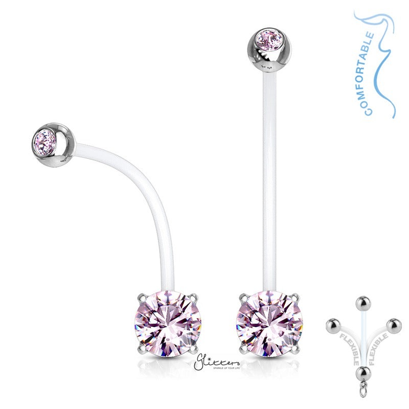 Double Jeweled Prong Set Round CZ Pregnancy Bioflex Belly Ring – Pink