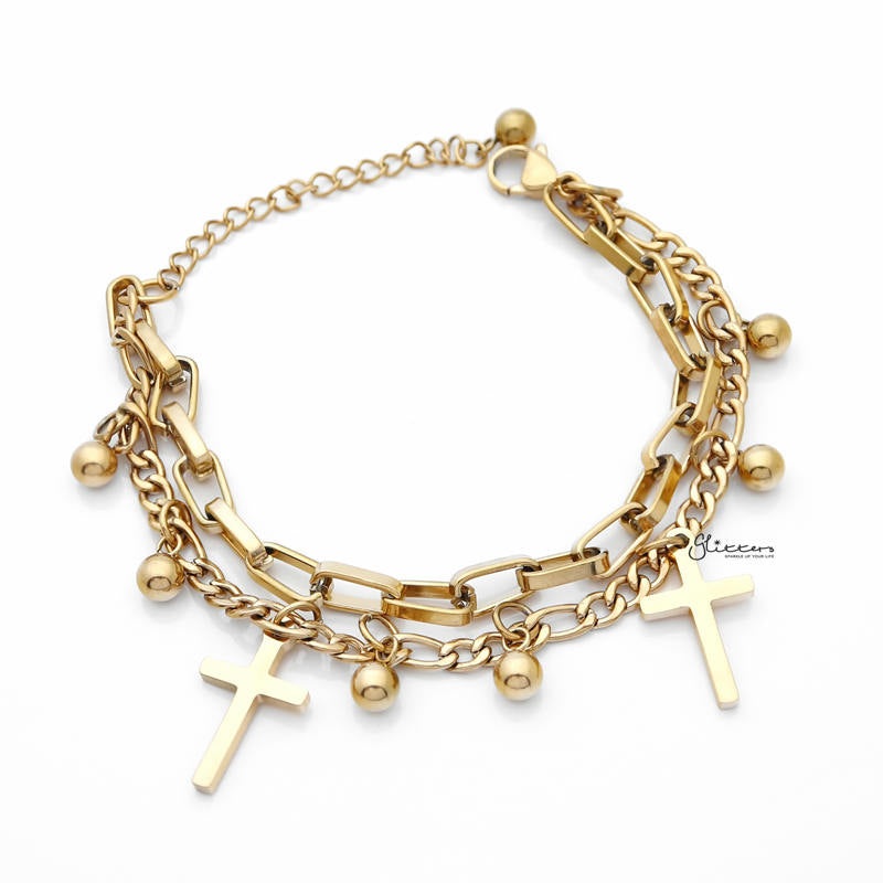 Double Layered Women’s Bracelet with Dangle Cross Charms – Gold