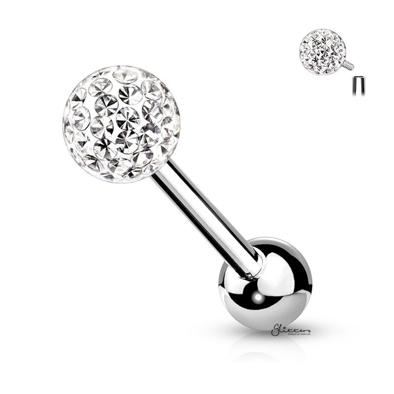 Epoxy Covered Crystal Paved Ferido Balls Tongue Barbell – Clear