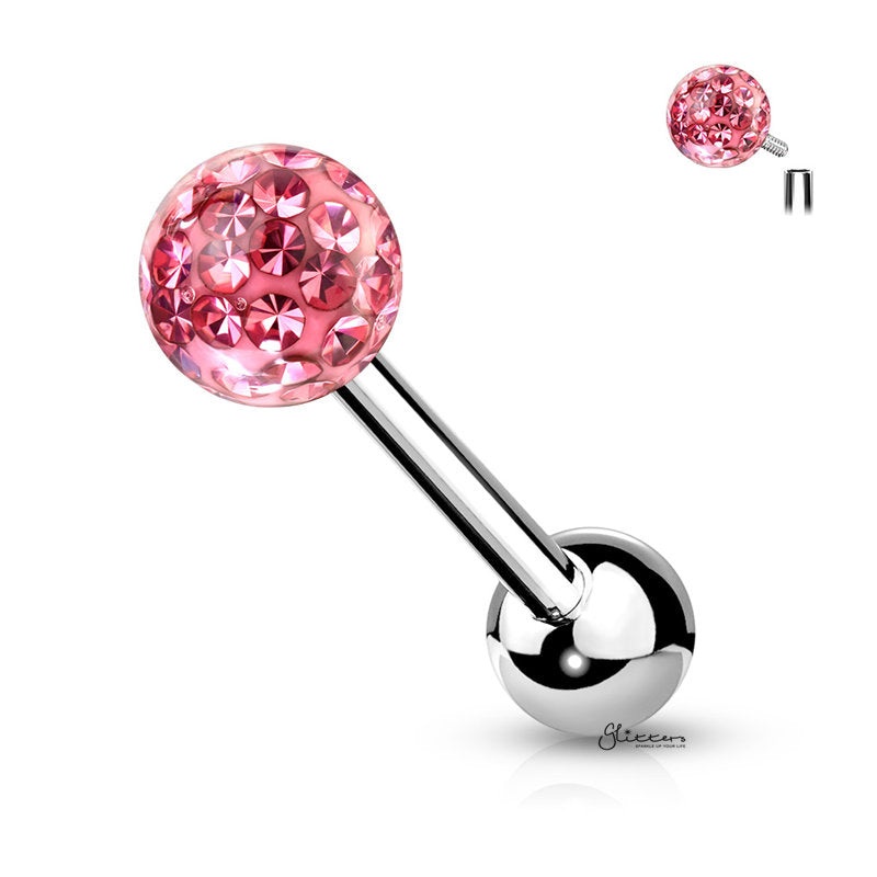 Epoxy Covered Crystal Paved Ferido Balls Tongue Barbell – Pink