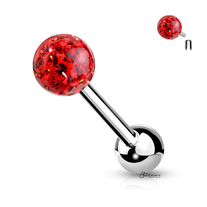 Epoxy Covered Crystal Paved Ferido Balls Tongue Barbell – Red