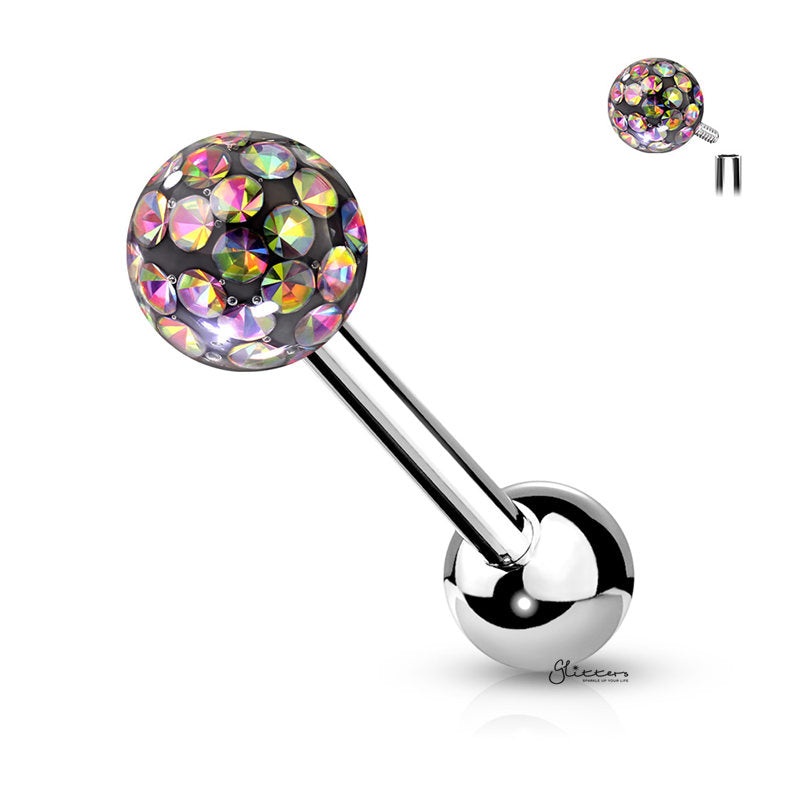 Epoxy Covered Crystal Paved Ferido Balls Tongue Barbell – Vitrail Medium